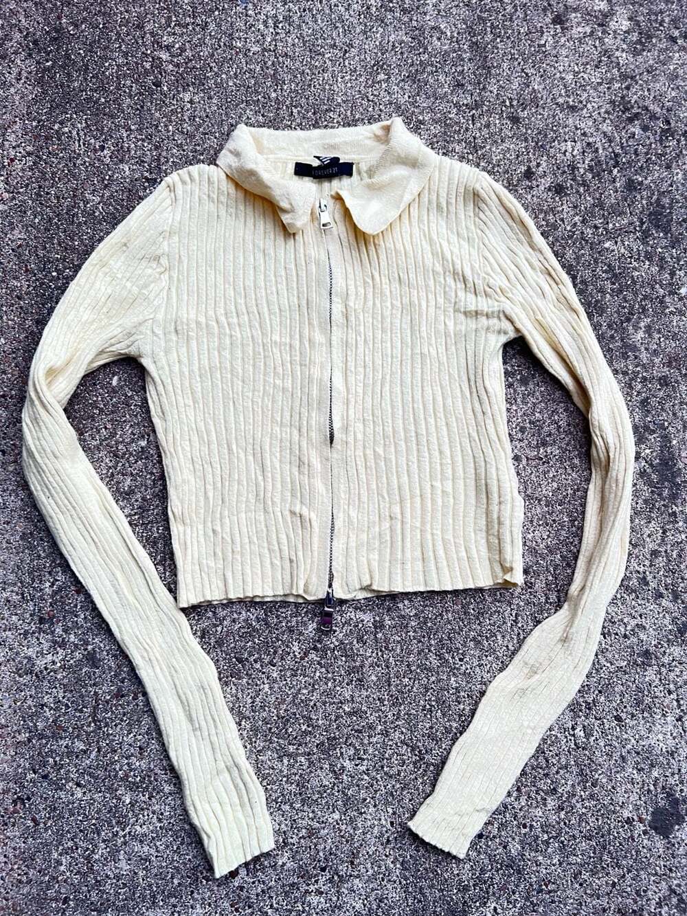 Forever 21 Ribbed Knit Zip Polo Cardigan Size S Cream